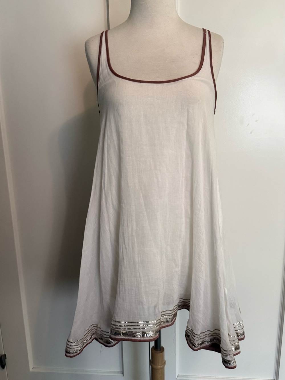 Free People Ivory Swing Chemise with Brown Trim and Silver Hem